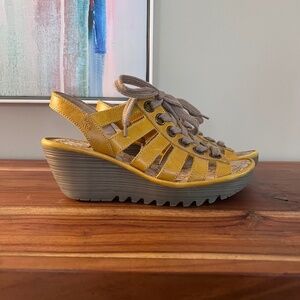 Fly London Yuta Wedge Lace-up Sandals Yellow Leather size 40 (9)